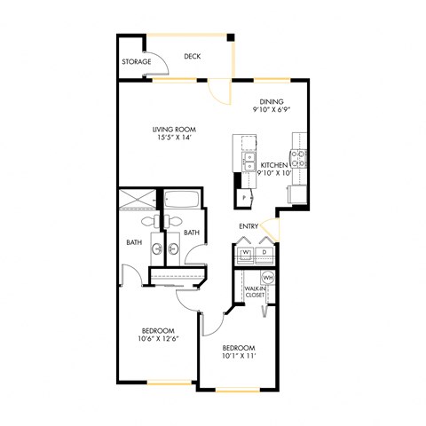 A floor plan of 2x2 D with a living room, two bedrooms, a dining room, a kitchen, two bathrooms, and a deck.
